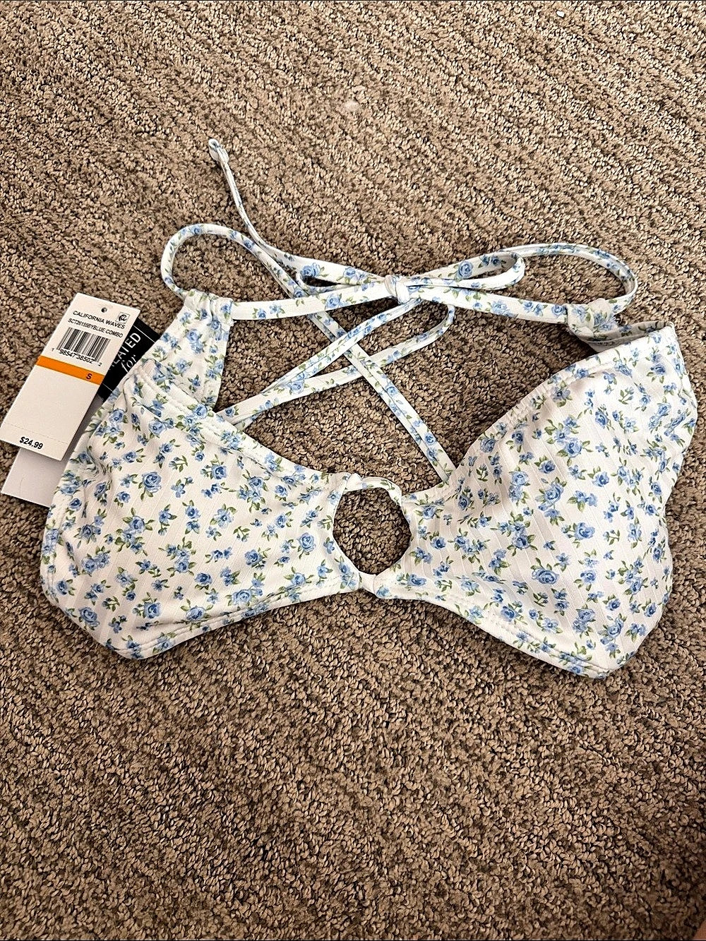 California Wave Floral Bikini Top in White & Blue Size Small NWT